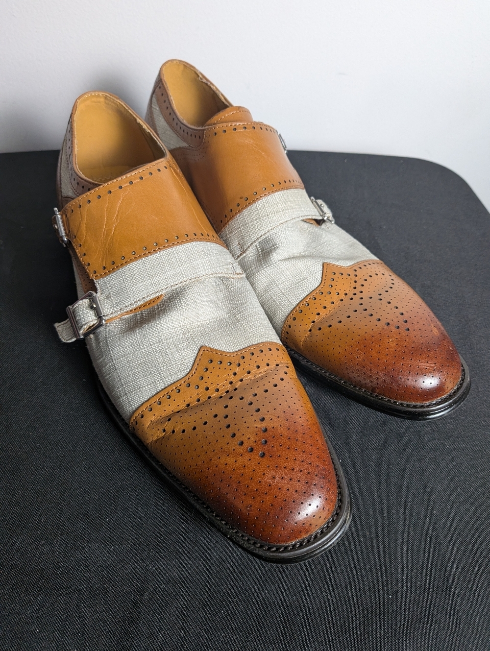 Stacy Adams Harper cap toe double monk strap shoes tan Leather and Canvas Gray